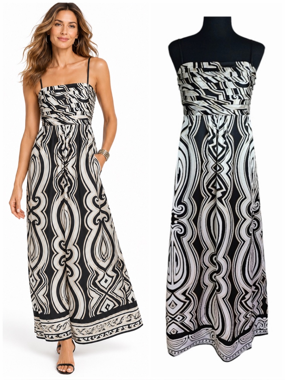 Vintage WHBM 100% Silk Maxi Dress 4 Black White Mod Art Deco Y2K